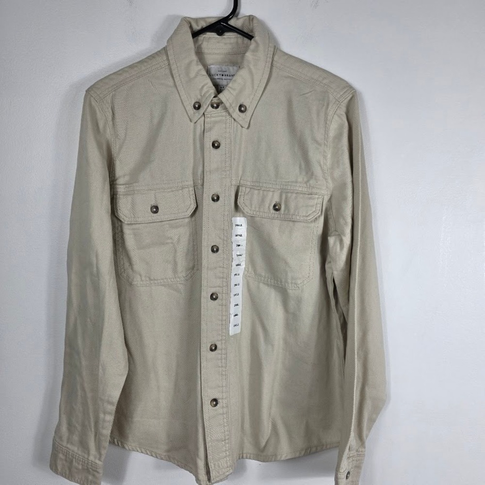 Lucky Brand Men's Long Sleeve Button Down‎ Shirt Tan Herringbone Twill Size S P
